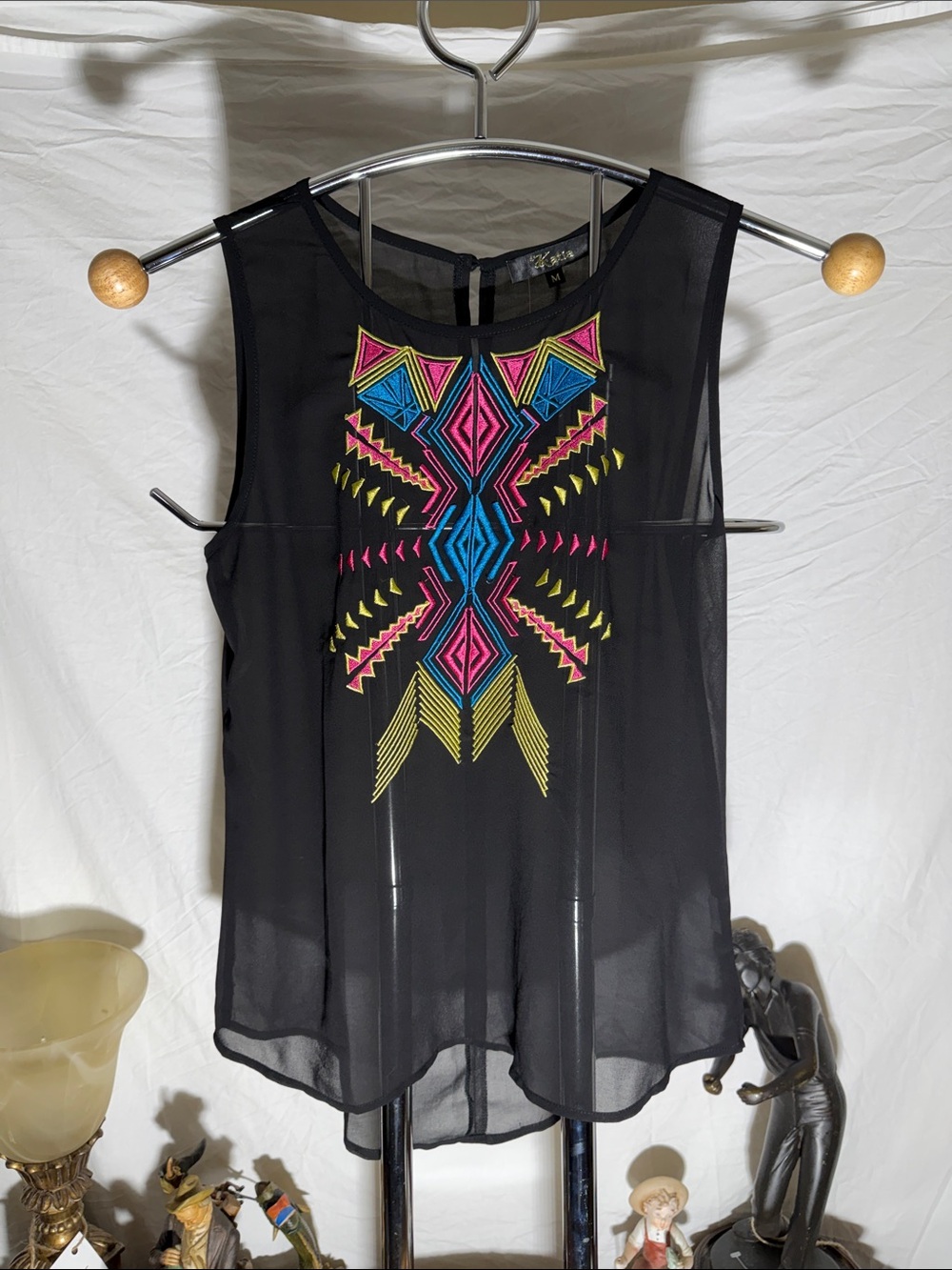 Black Sheer Embroidered Geometric Tank Camisole